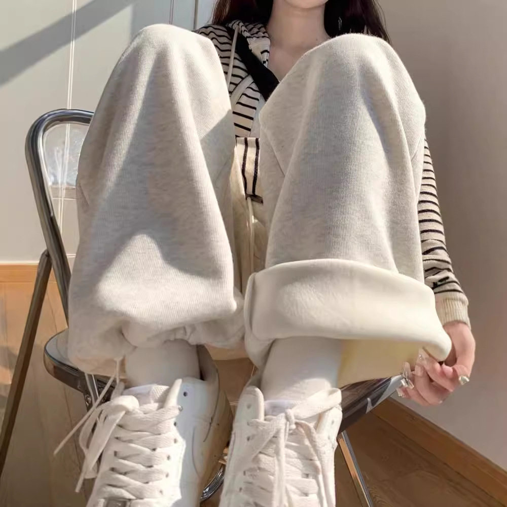 加绒运动裤女宽松束脚秋冬2025新款直筒阔腿美式休闲灰色春秋卫裤