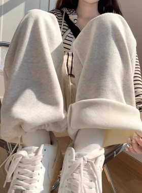 加绒运动裤女宽松束脚秋冬2025新款直筒阔腿美式休闲灰色春秋卫裤