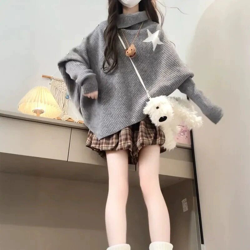 韩系不规则设计感宽松小众灰色斗篷高领星星毛衣披风针织衫女秋冬