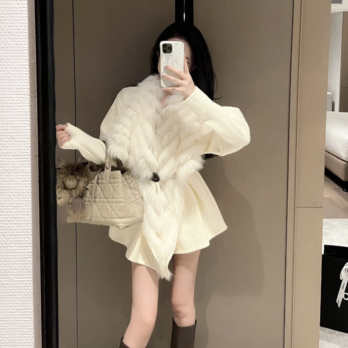 娇宠贵女Balmai风真毛狐狸毛拼接大翻领V领针织开衫毛衣女轻皮草