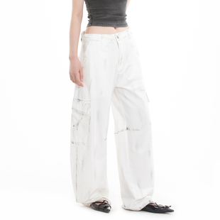 CMF美式复古做旧手工割烂口袋小众设计感白色脏染弯刀工装裤