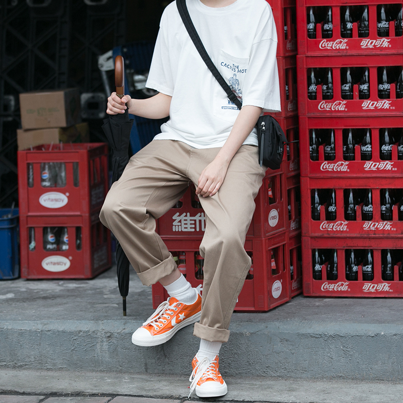 夏季直筒裤男宽松潮牌日系休闲长裤卡其色裤子潮流百搭阔腿工装裤