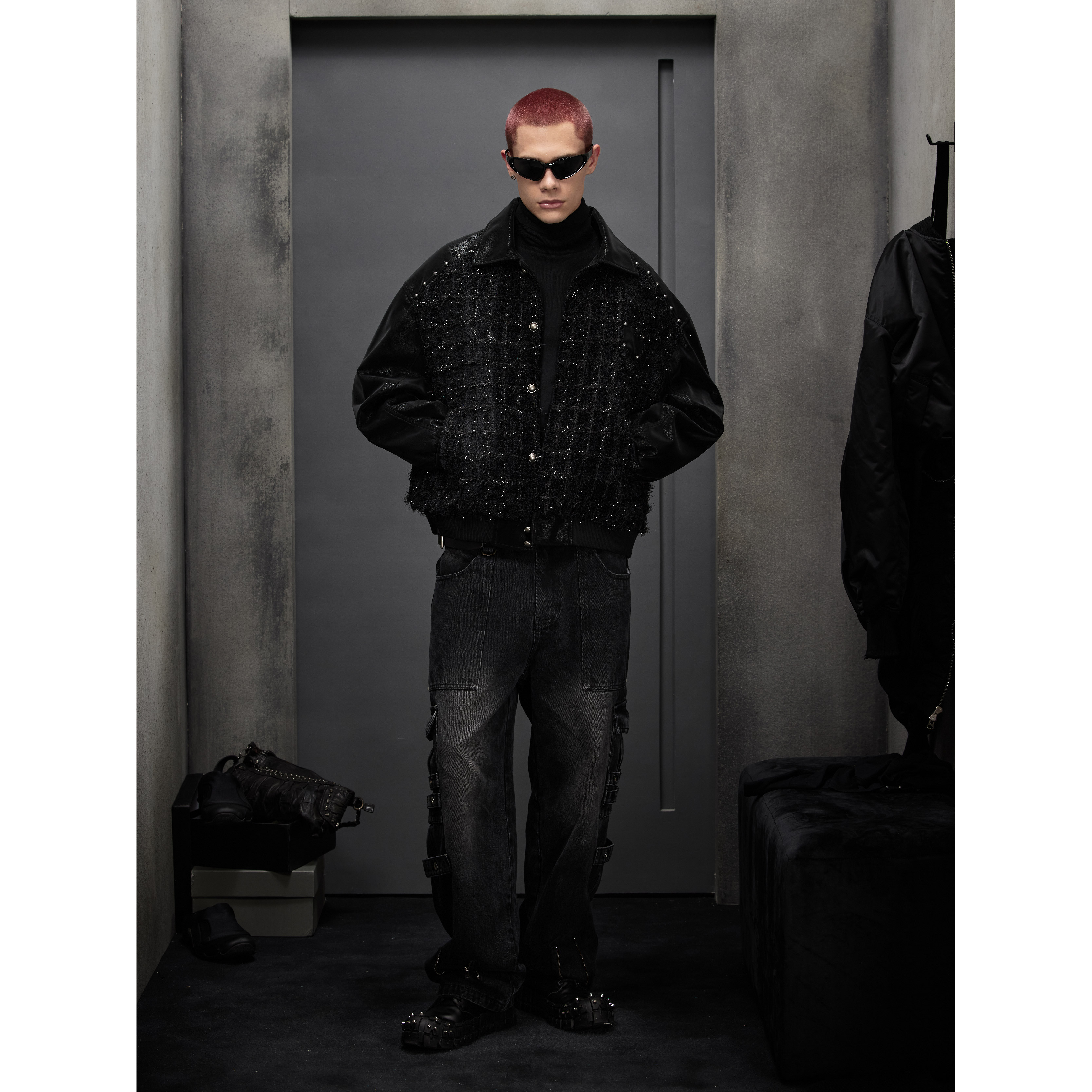 反精致摇滚风粗花呢拼皮夹克