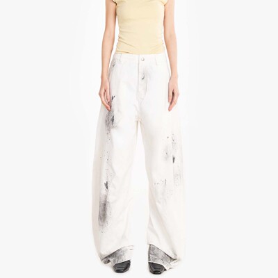 CMF黑灰色泼墨图案腰部纽扣拉链抽绳设计艺术感潮流白色休闲裤