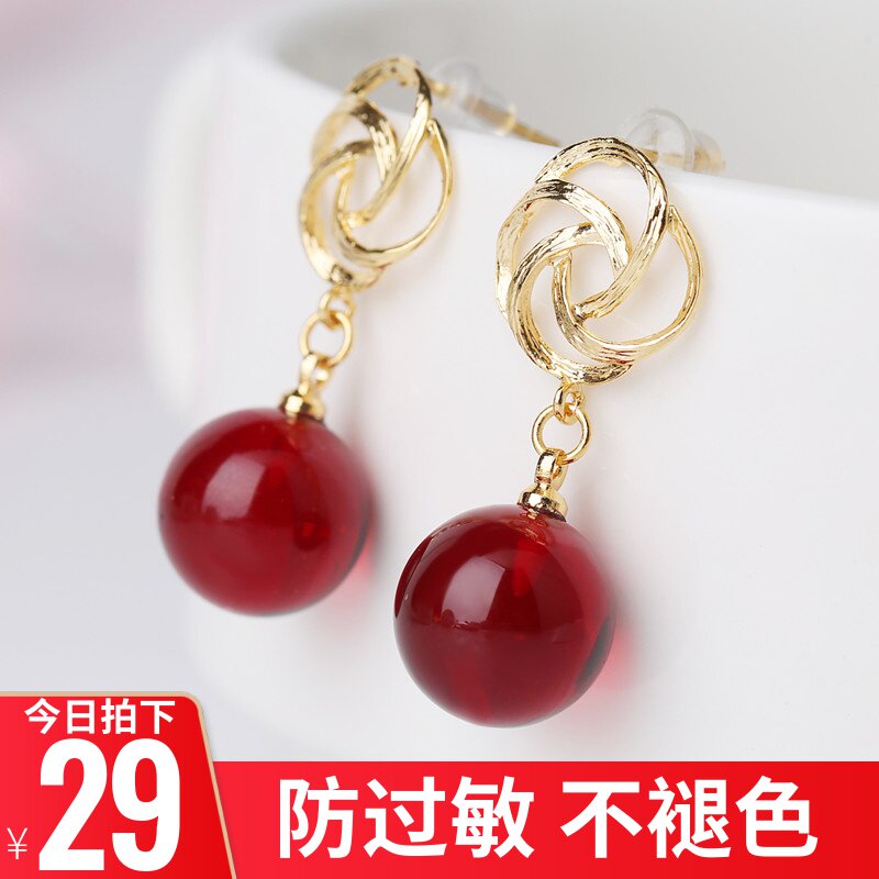 蜜蜡色耳坠925纯银琥珀色鸡油黄耳环女古典长款红色气质耳钉耳饰