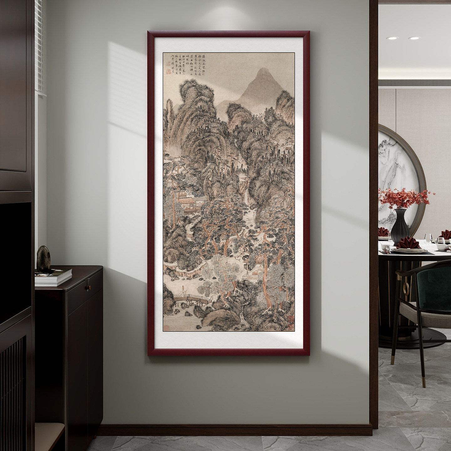 明代沈周山水画中式玄关装饰画入户玄关正对门壁画客厅挂画竖版