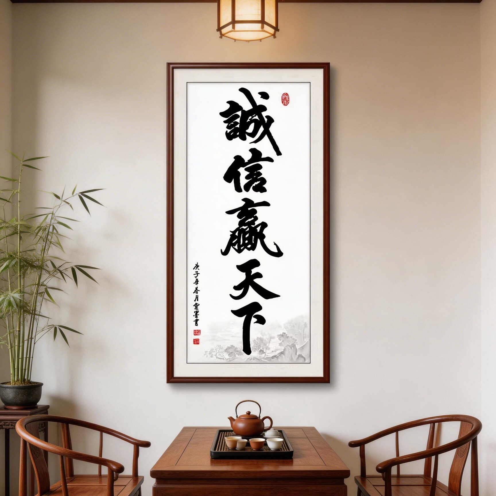 诚信赢天下字画办公室挂画茶室装饰画带框壁画竖版书法作品牌匾