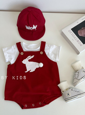 ins夏装婴幼儿可爱红色兔子包屁短裤子男女宝宝百天周连体衣爬服