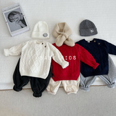 ins冬季 男女宝宝纯色加绒套头毛衣婴幼儿红色洋气加厚针织打底衫