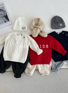 ins冬季男女宝宝纯色加绒套头毛衣婴幼儿红色洋气加厚针织打底衫