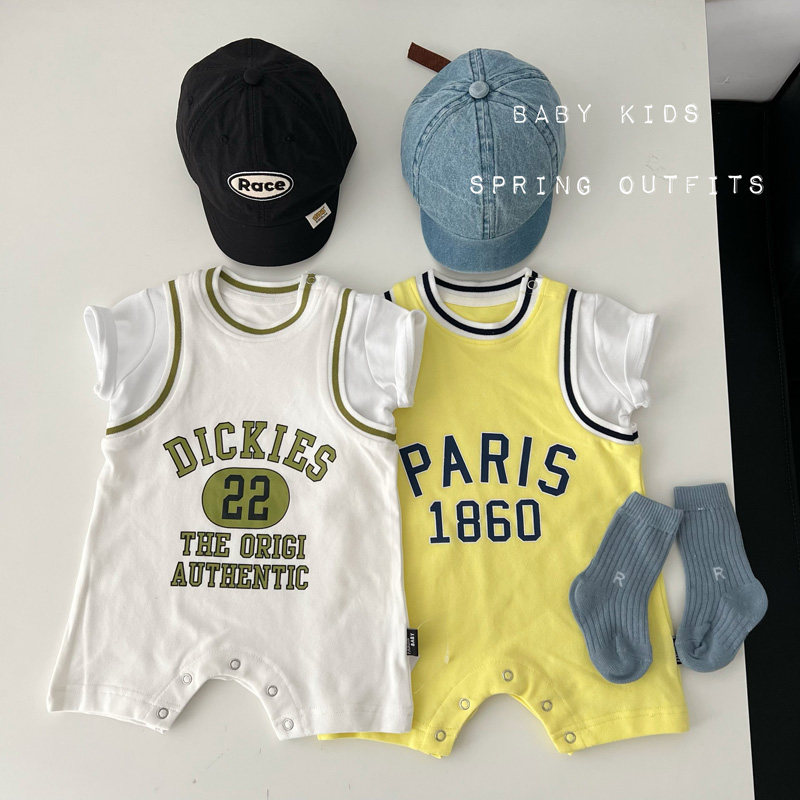 夏季婴幼儿运动风假两件连体衣男宝宝帅气篮球短爬服外出潮范哈衣