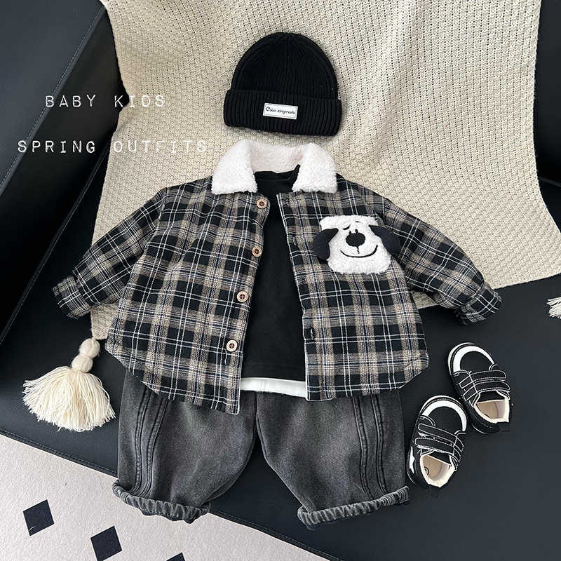 ins冬季韩版男宝宝加绒夹棉格子衬衫婴幼儿百搭外出保暖外套上衣