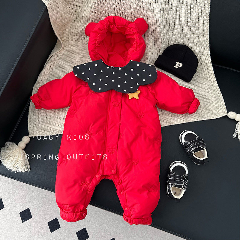 INS男女宝宝冬装衣服冬季婴幼儿红色羽绒连体衣百天周岁喜庆爬服