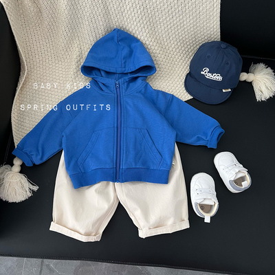 婴幼儿童秋装衣服秋季男女宝宝韩版宝蓝色连帽卫衣外出帽衫外套潮