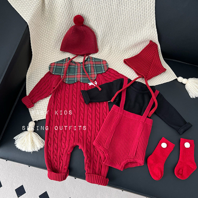 ins婴儿红色新款款麻花针织毛线连体衣男女宝宝秋冬毛衣百天爬服