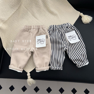 冬季新款男女宝宝卡其休闲裤婴幼儿童加绒保暖条纹百搭棉布长裤子