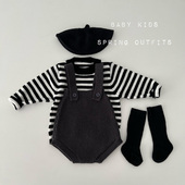 套装 INS春秋男女宝宝条纹针织衫 背带包屁短裤 婴幼儿外出服两件套