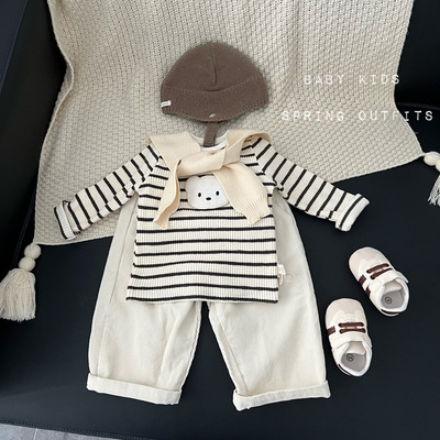 ins婴幼儿春装衣服春季男女宝宝可爱小熊长袖条纹打底衫外出T恤衫