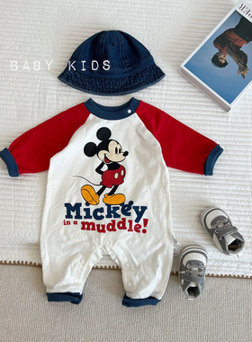 ins男女宝宝米奇红色插肩袖连体衣婴幼儿童复古迪士尼外出爬爬服6