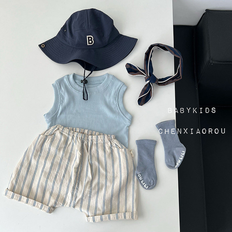ins男宝宝夏装韩版衣服夏季薄款无袖背心大PP条纹短裤套装外出服