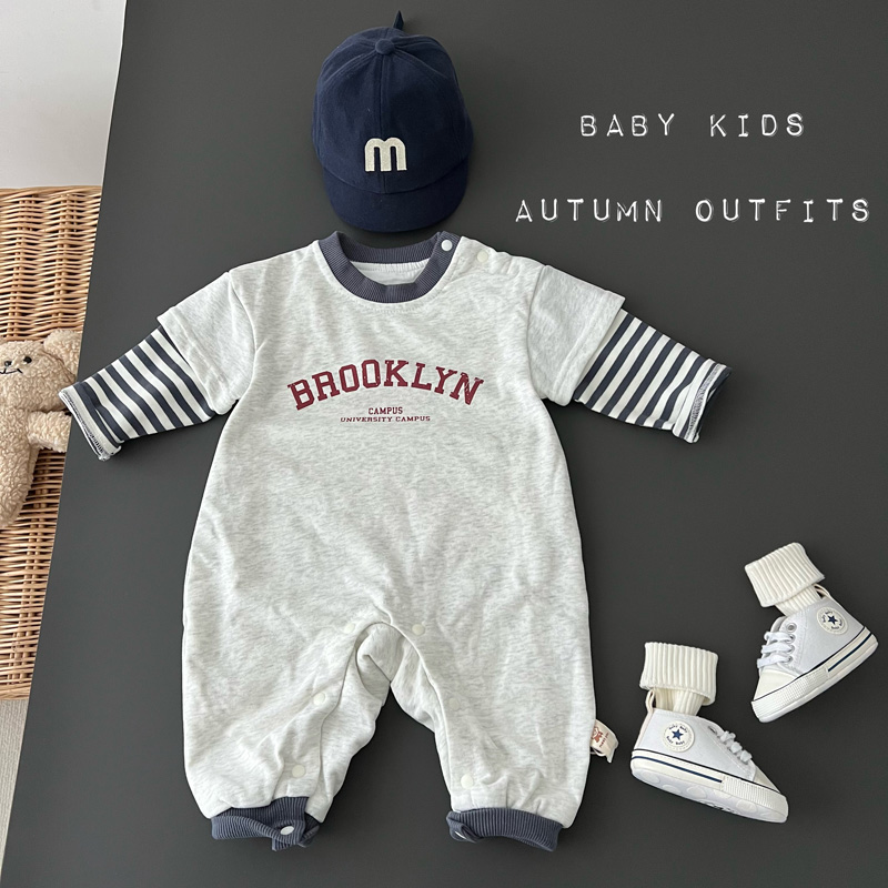 婴幼儿春季衣服男女宝宝美式复古假两件外出爬服韩版卫衣连体衣潮