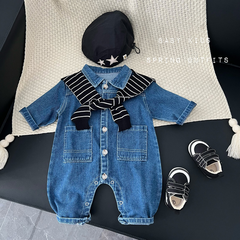 婴幼儿秋装连体衣男女宝宝秋季工装风全开扣帅气牛仔外出爬服哈衣