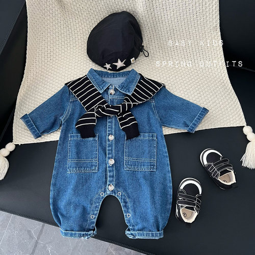 婴幼儿春装连体衣男女宝宝秋季工装风全开扣帅气牛仔外出爬服哈衣
