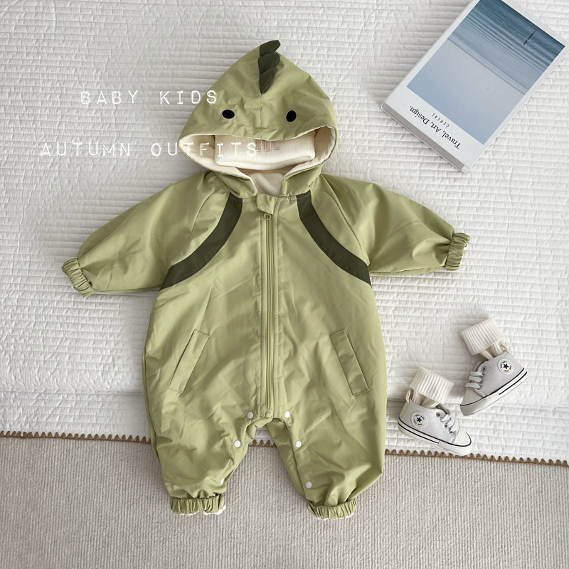 宝宝冬季衣服婴幼儿加绒超萌恐龙连帽连体衣冬装外出冲锋衣爬服潮
