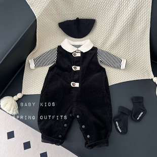 ins秋冬男宝宝帅气百天周岁衣服条纹针织衫国风灯芯绒无袖连体衣