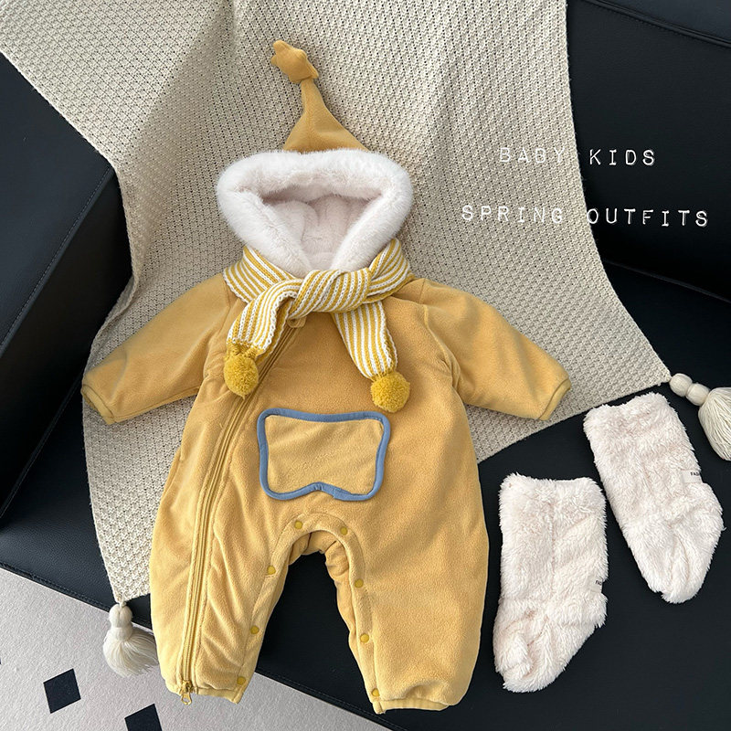婴儿衣服冬装超萌保暖连体衣男宝宝冬季加绒加厚抱衣外出毛绒爬服