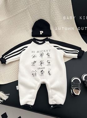 INS男女宝宝冬装加绒保暖连体衣婴幼儿可爱米奇外出爬服超萌哈衣