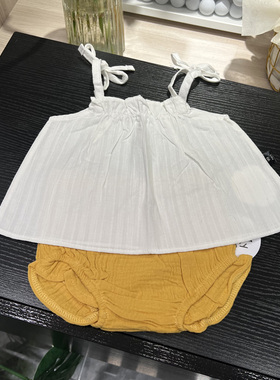夏季宝宝白色吊带娃娃衫衬衫+黄色大PP短裤套装婴幼儿外出两件套