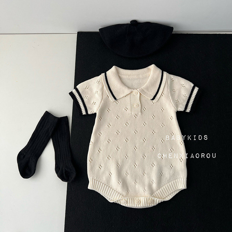 ins婴幼儿春夏衣服夏季宝宝学院风针织连体衣短袖外出毛衣哈衣潮