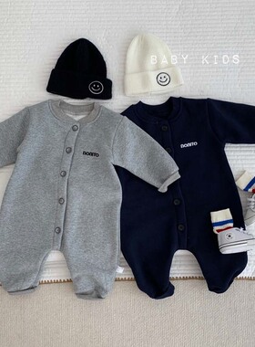 ins2025婴幼儿春秋衣服男女宝宝潮范灰色包屁衣爬爬服外出连体衣