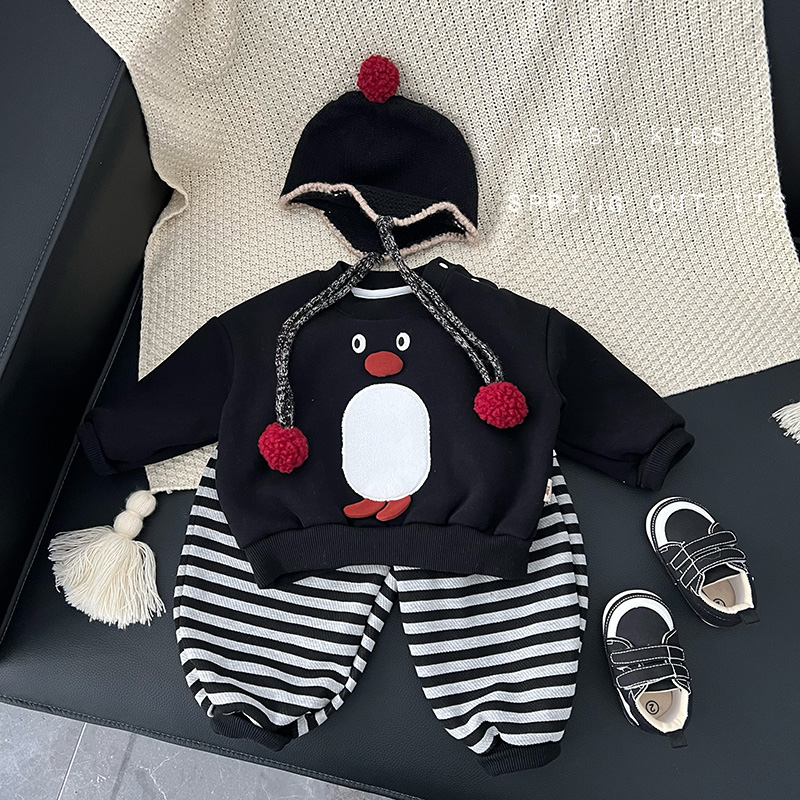 ins宝宝秋冬衣服秋装婴幼儿童加绒黑色套头卫衣条纹运动裤套装潮