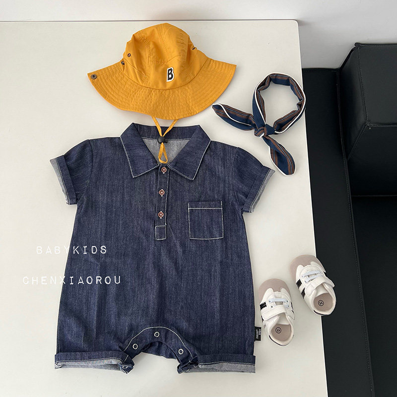 ins夏季男宝宝薄款翻领牛仔衬衫爬服婴幼儿连体衣宽松洋气外出服图片