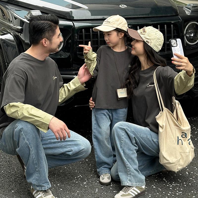 亲子装一家三四口假两件长袖T恤