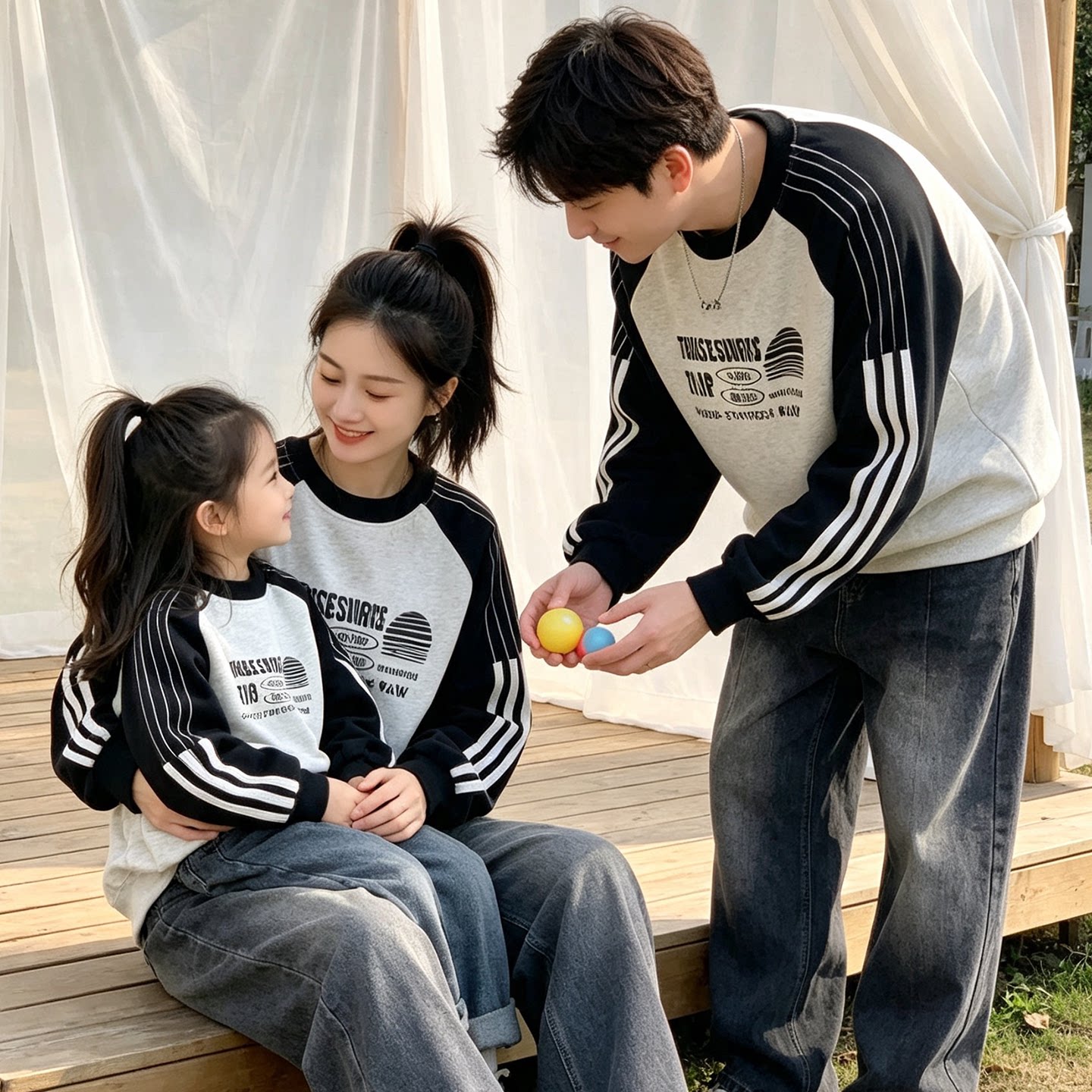 亲子装秋冬装一家三四口母子母女装百搭圆领宽松撞色卫衣家庭装潮