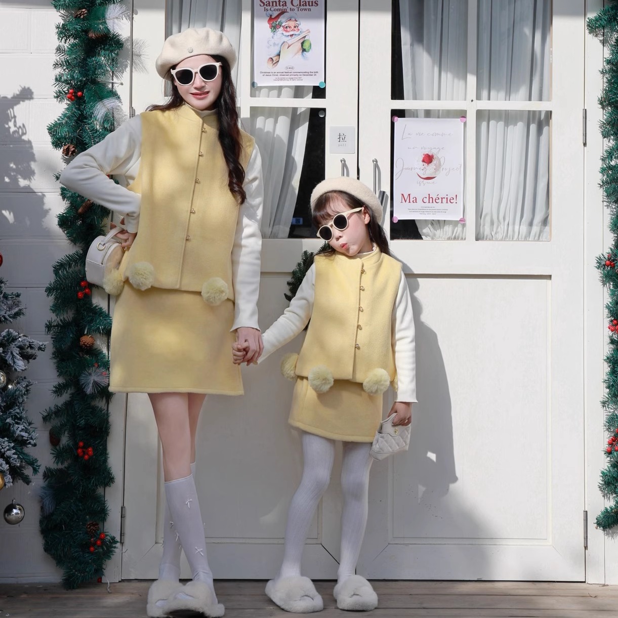 毛球无袖马甲配半裙套装毛呢马甲