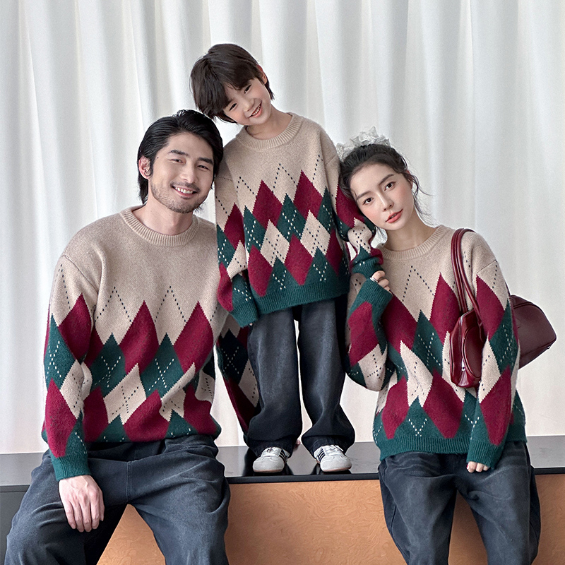 美式复古菱格亲子装针织宽松上衣