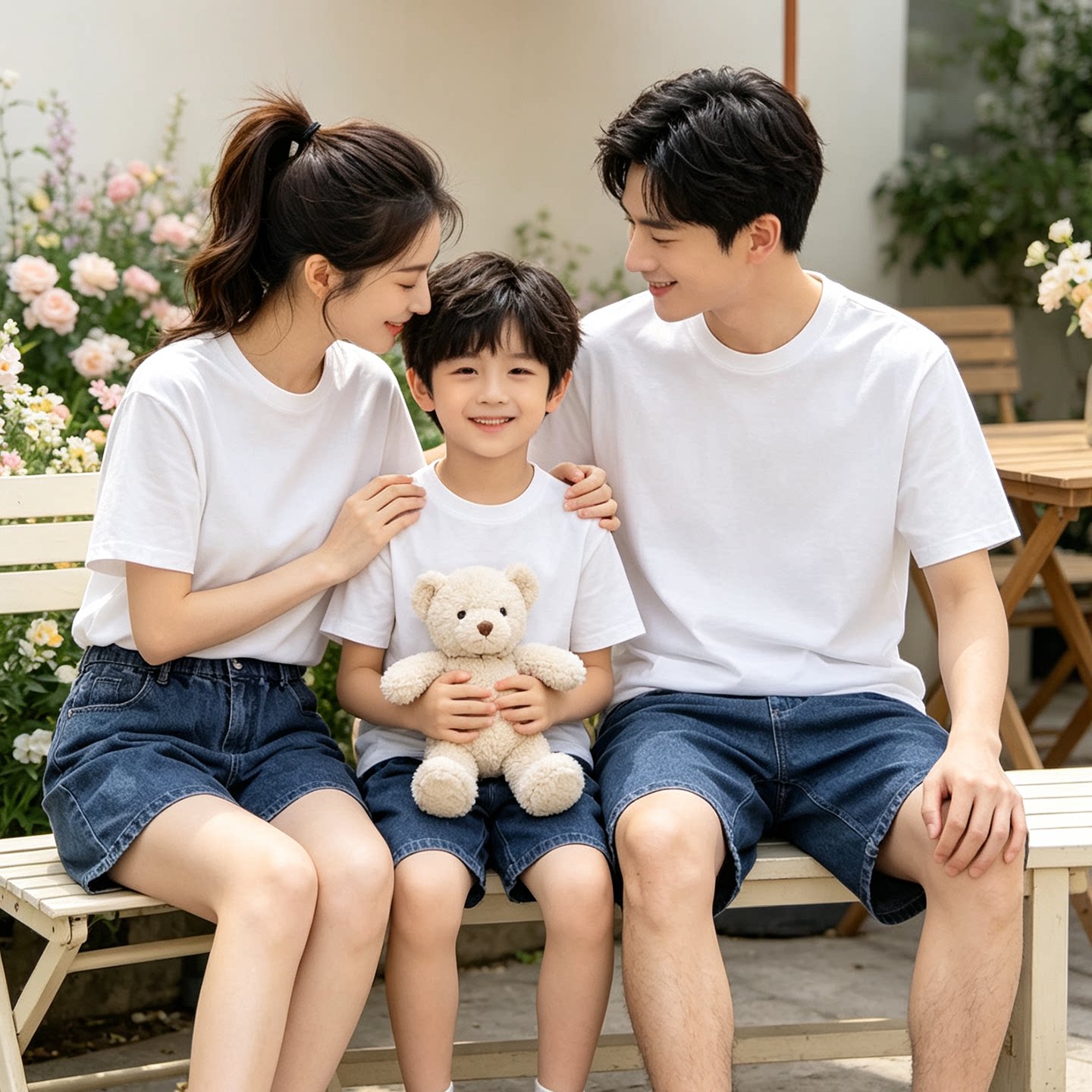 亲子装夏装一家三四口纯棉百搭白色短袖t恤全家装户外活动装上衣