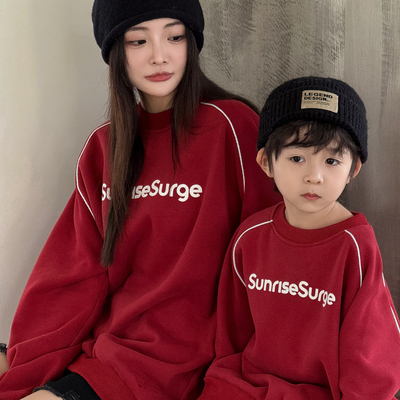 新年亲子装秋冬装一家三四口母子女装宽松红色卫衣幼儿园活动服装