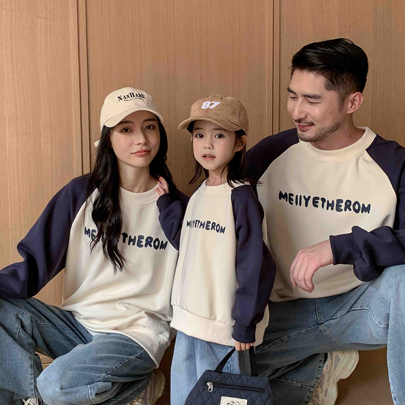 韩版运动休闲亲子装红色加绒卫衣