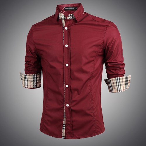 2015男春装镶格子衬衣修身韩版衬衫long sleeve casual shirt men