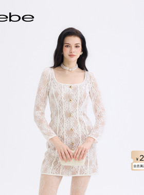 bebe2025秋季新款女士白色小香风蕾丝收腰修身长袖连衣裙350006