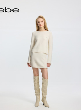 bebe冬季系列女士含羊毛烫仿钻装饰针织花边缀饰短款半身裙420214