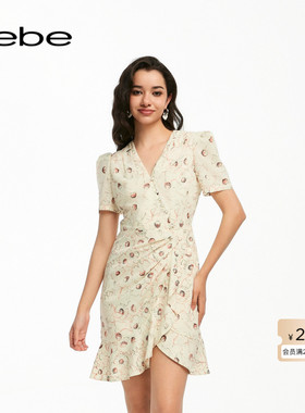 bebe夏季系列女士气质V领印花茶歇连衣裙250012