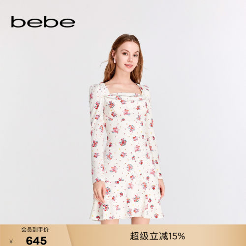 bebe春季新款碎花长袖连衣裙