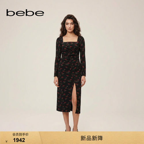 bebe2026秋季新款女士复古玫瑰立体压皱印花方领连衣裙350023