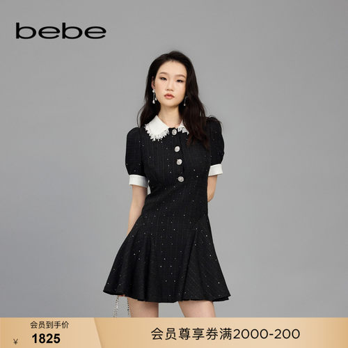 bebe春季新款闪片饰花呢连衣裙